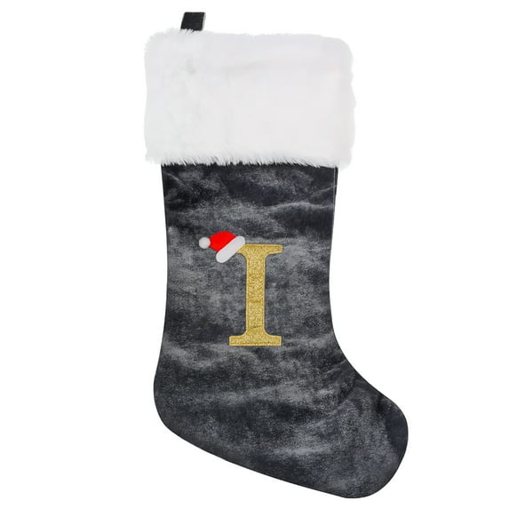 18 Inches Personalized Letter Christmas Stockings Monogram Christmas Stockings Grey Velvet with White Soft Plush Cuff Embroidered Classic Stocking Decoration for Family Holiday Season Decor