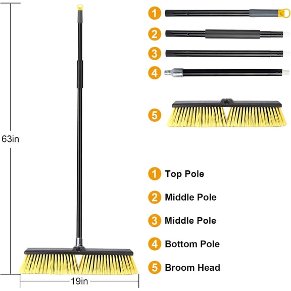 18 Inches Push Broom Outdoor - Heavy Duty Broom with 63" Long Handle for Deck Driveway Garage Yard  Concrete Floor Cleaning