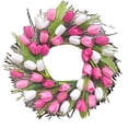 thumbnail image 1 of 18 Inches Tulip Front Door  Decoration, Spring Silk Artificial Flowers with Green Leaves for Window Wall Wedding Valentines and Mother Day Decor, Pink and White Wreath, 1 of 7