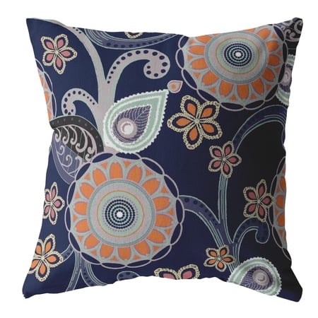 18â€ Indigo Orange Floral Indoor Outdoor Throw Pillow