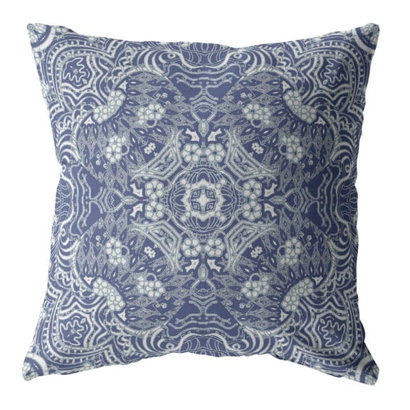 18 Indigo White Boho Ornate Indoor Outdoor Throw Pillow