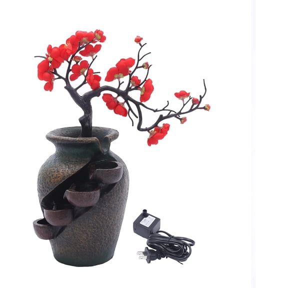 18" Indoor Tabletop FengShui Flower Vase Waterfall Fountain Indoor Water Fountain Decor w/Simulation Tree Flowers for Bedroom Living Room Study Tea Room