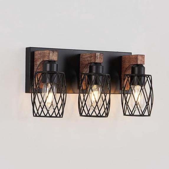 18" Industrial 3-Light Bathroom Vanity Light Fixture, Black Cage Wall Sconce with Wood Accents, Bathroom Light Fixtures Over Mirror, E26 Base, Bulbs Not Included