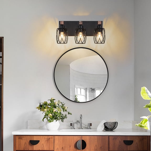 18" Industrial 3-Light Wall Sconce, Black Metal Cage with Wooden Accents, Vintage Wall Lighting Fixture for Bathroom Vanity, Hallway, Living Room, Hardwired (Bulbs Not Included)