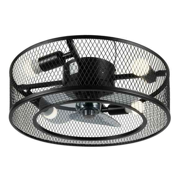 18" Industrial Bladeless Flush Mount Indoor Ceiling Fan w/Light and Remote Control 3 Blades 3 Speeds E27 Bulb Base Black