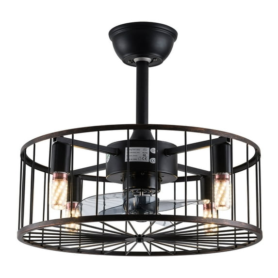 18.5" Metal Caged Ceiling Fan w/Light & Remote Control,3 Blades,Black,E26 Bulb Base