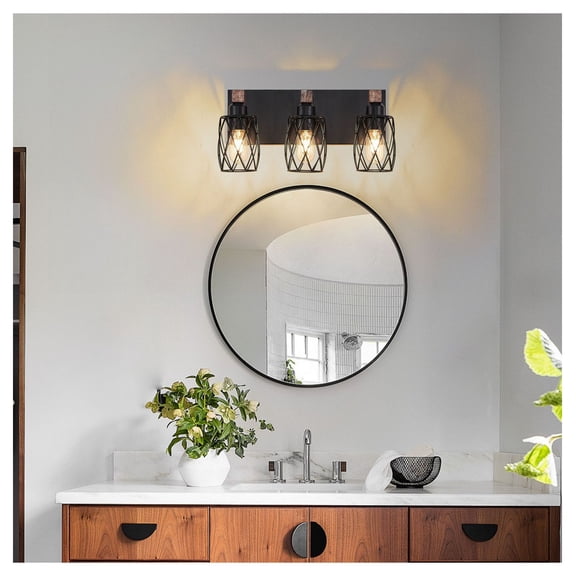 18" Industrial Wall Sconce - 3-Light Black Cage Lighting with Wood Accents - Bathroom, Hallway, Living Room - E26 Bulb Holder (Bulb Not Included)