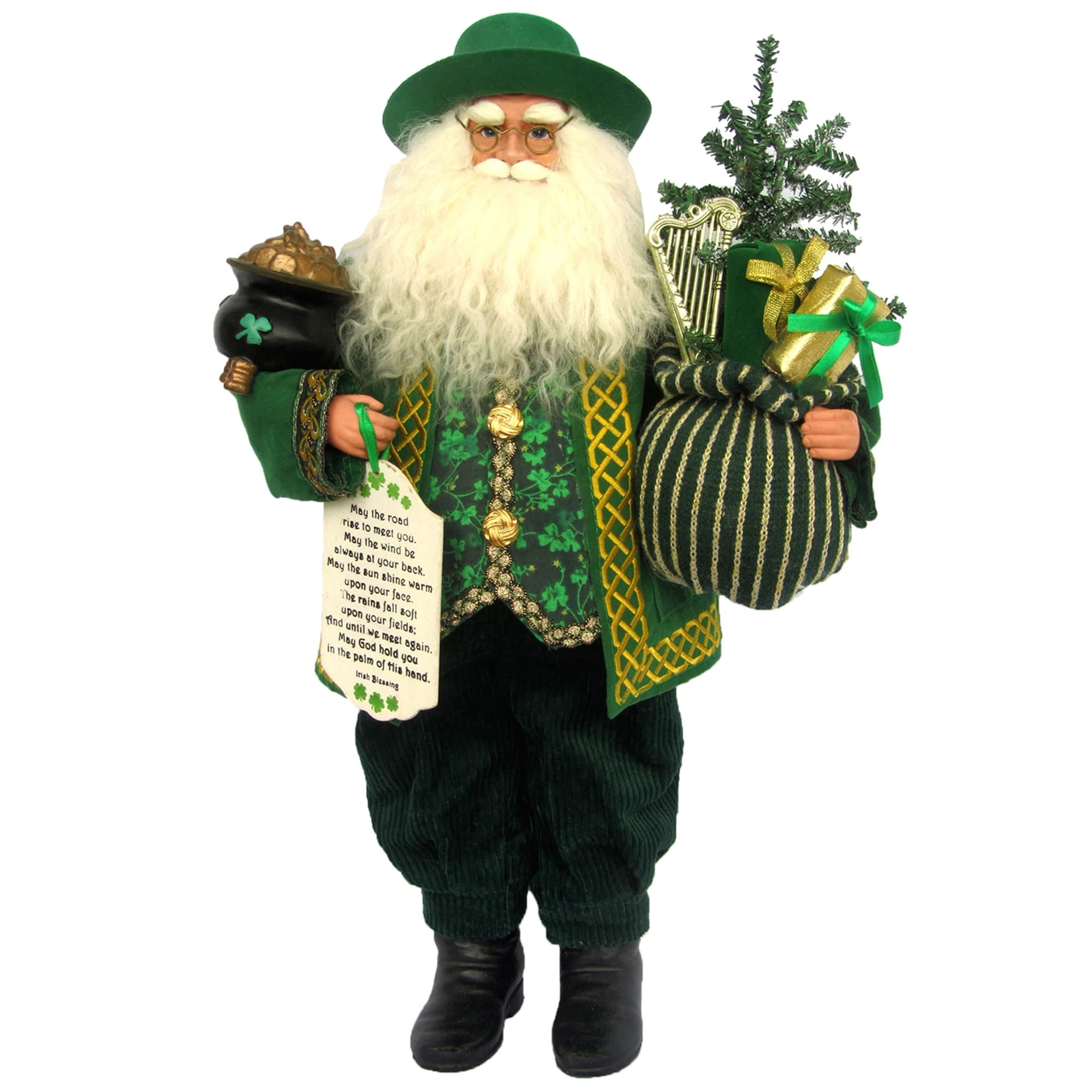 18" Green and Gold Irish Santa Claus Resin Figurine