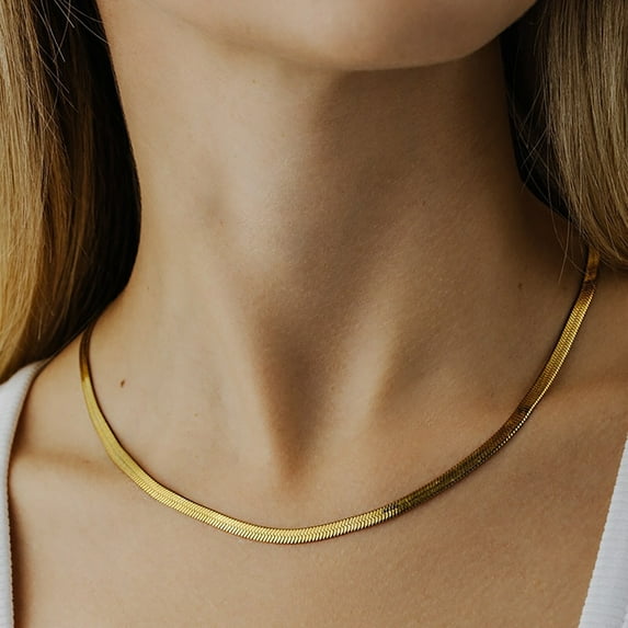 18 K Gold Plated Herringbone Necklace for Women, 4mm Necklace for Women, Non-Fading Women's Herringbone Chain Necklaces 18 20 Inch