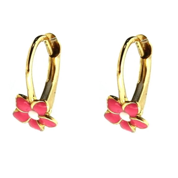 18 K Yellow Gold Pink and White Enamel Leverback Earrings