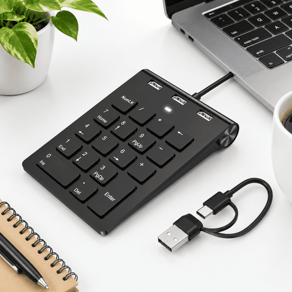 18 Key Black Wired Numeric Keypad with 3 Port USB 2.0 Hub, Slim Portable Num Pad