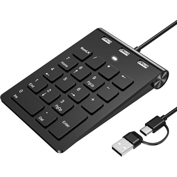 18 Key Wired Numeric Keypad with 3 Port USB 2.0 Hub, USB C & USB A Slim Portable Numpad for Laptop, Desktop, PC, MacBook, Efficiency Financial Accounting Num Pad USB c Support Plug and Play
