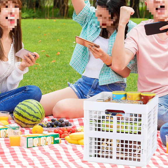 18 L Stackable Plastic Milk Crate, 3-Pack Plastic Square Collapsible Crates, White$$Office