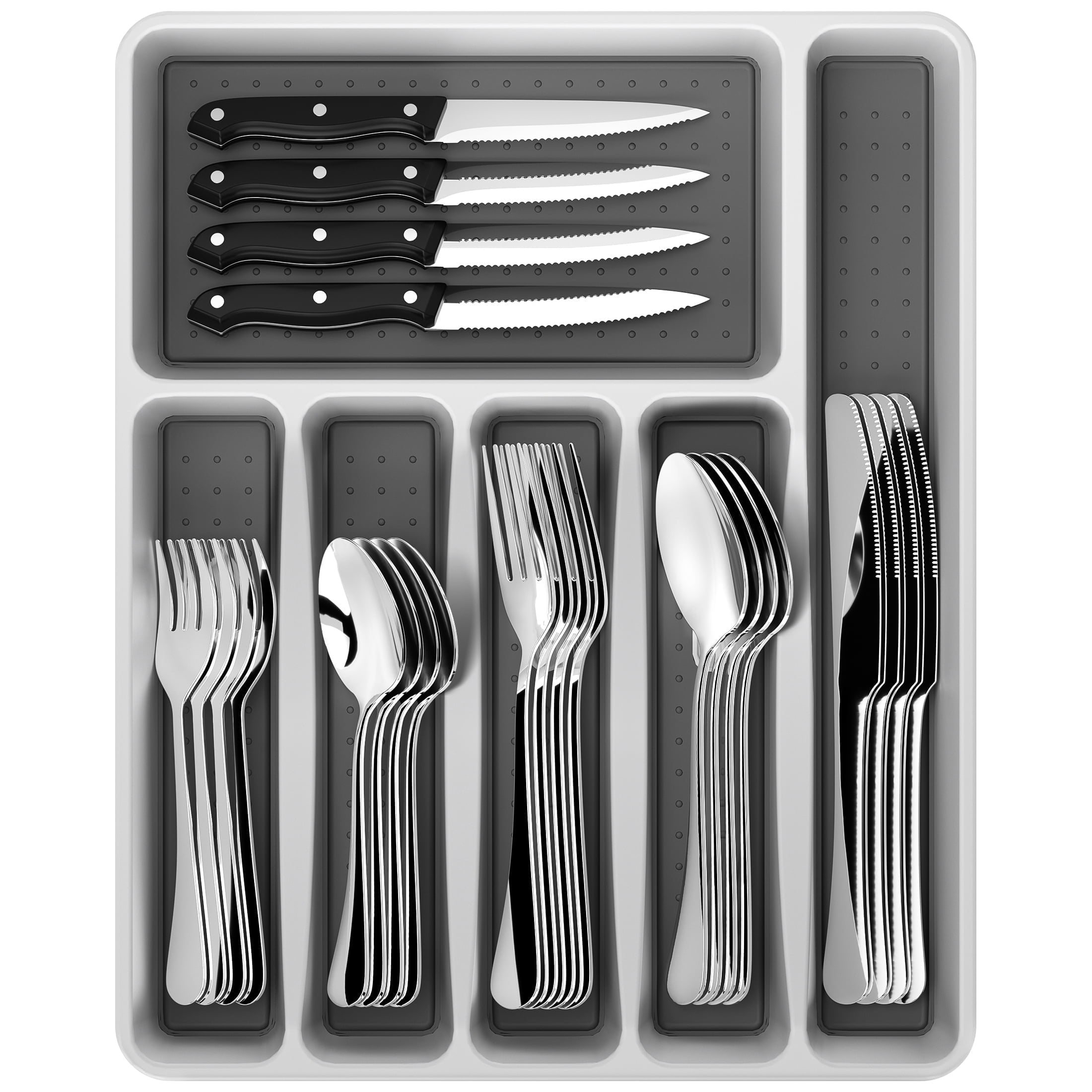 GPED 49-Piece Silverware Set with Organizer, Heavy Duty Stainless Steel Flatware Set Service for 8, Cutlery Set with Steak Knives, Mirror Polished, Dishwasher Safe, Silver