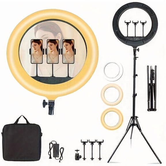 18" LED Ring Light Kit with Tripod, RGB Colors, Dimmable, 3 Phone Holders & Bag for Live Streaming, Beauty, Selfies