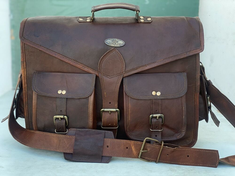 18" Leather Vintage Messenger Shoulder Men Satchel Laptop Briefcase Bag