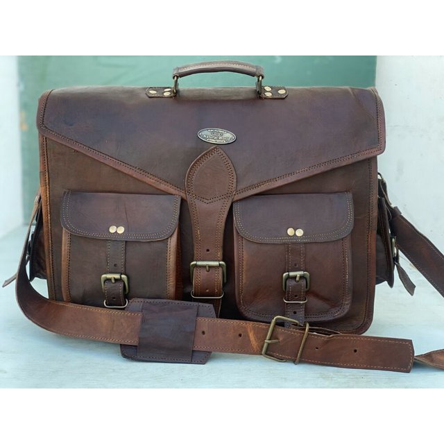 18" Leather Vintage Messenger Shoulder Men Satchel Laptop Briefcase Bag
