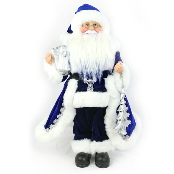 18 Lifelike Santa Figurine Features Blue Velour robe and cap with Silver Accessories. Holding holiday gifts and decorations. Highly detailed accessories and accents. Standing with posable cap.