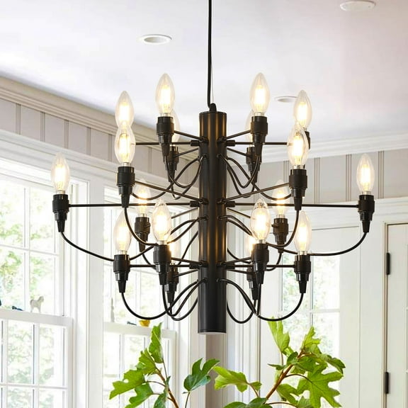 18-Light Black Modern Farmhouse Chandelier - Adjustable Hanging Rustic Pine Cone Light Fixture for Dining Room, Foyer, or Bedroom