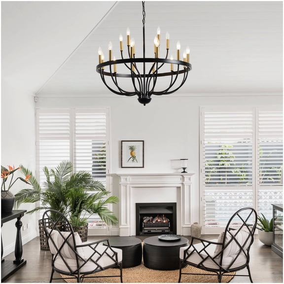 18 Light Candle Style Metal Chandelier Gold and Black Finish Suspended Hanging Light Fixture