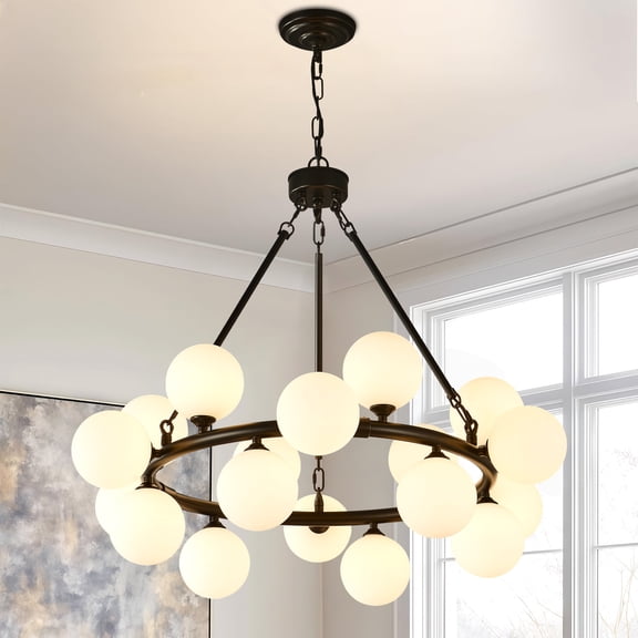 18-Light Modern Chandelier, 32" Sputnik Ceiling Light Fixture with White Globe Bubble, Round Wagon Wheel Chandeliers for Dining Room Kitchen Island Living Room Bedroom