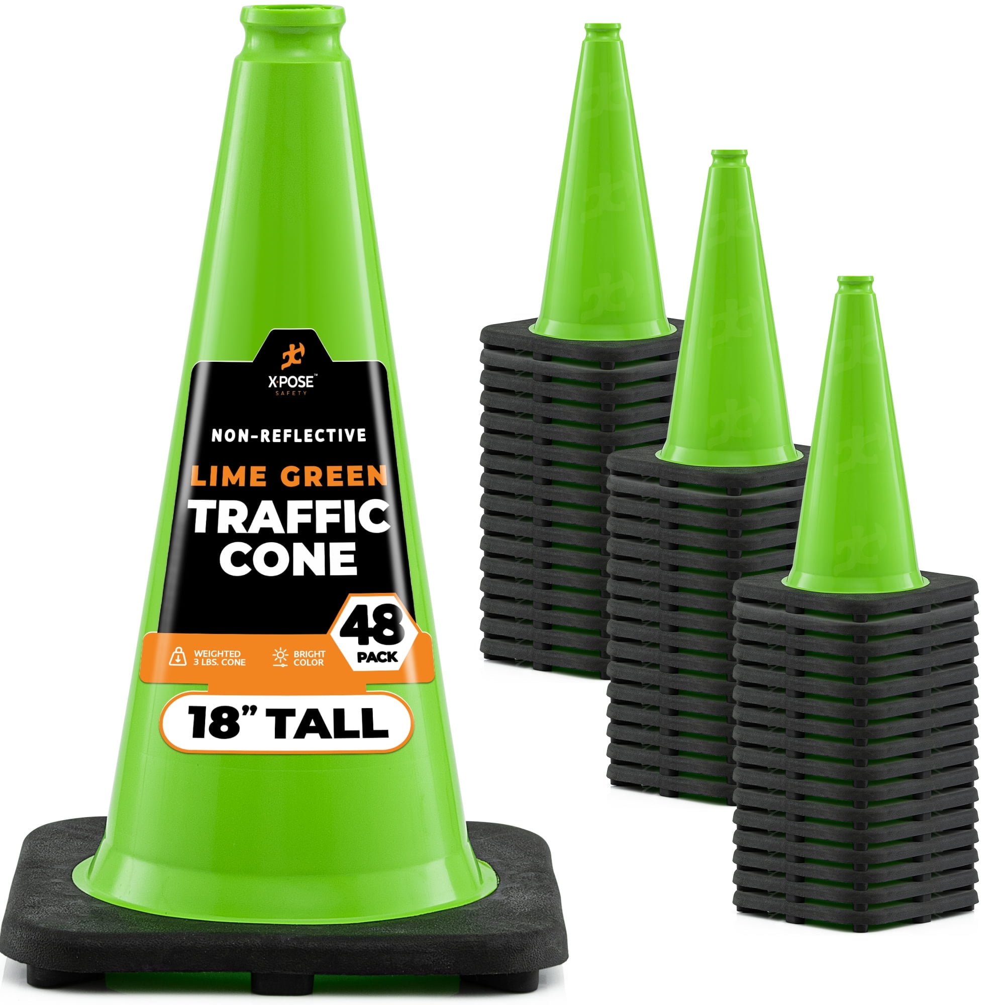 18” Lime Green Traffic Cone 48 Pack Premium PVC Safety Cone for