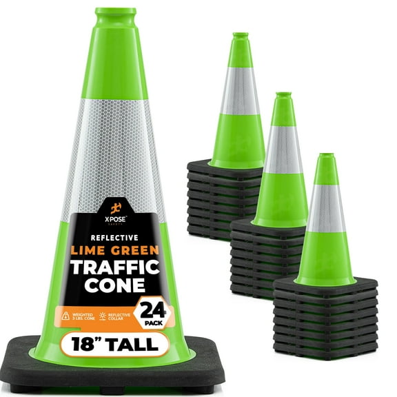 18” Lime Green Traffic Cone - 6" Reflective Collar – 24 Pack - Multipurpose Premium PVC Safety Cone for Parking, Caution, Construction, Road Crews, Emergency Vehicle - Xpose Safety