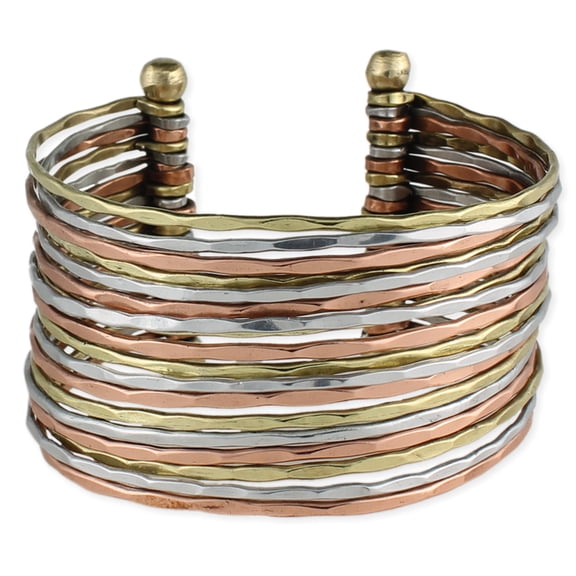 18-Line Bracelet Thin Mixed Metal Hammered Wide Cuff