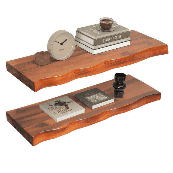 18'' Live Edge Floating Shelves Set of 2 - Thick and Heavy Floating Shelves for Wall, Rustic Shelves with Brackets for Home Decor, Farmhouse Bathroom Decor, Walnut Color, 18" x8''