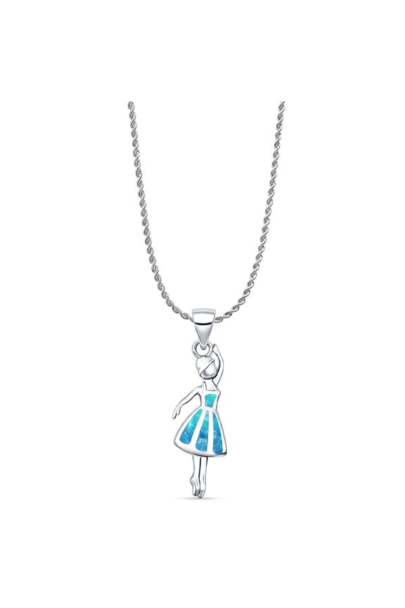 18" Long 1.1mm Rope Chain- Lab Created Blue Opal Ballet Dancer Pendant Necklace Vintage Style 925 Sterling Silver 23mm Pendant Gift For Her