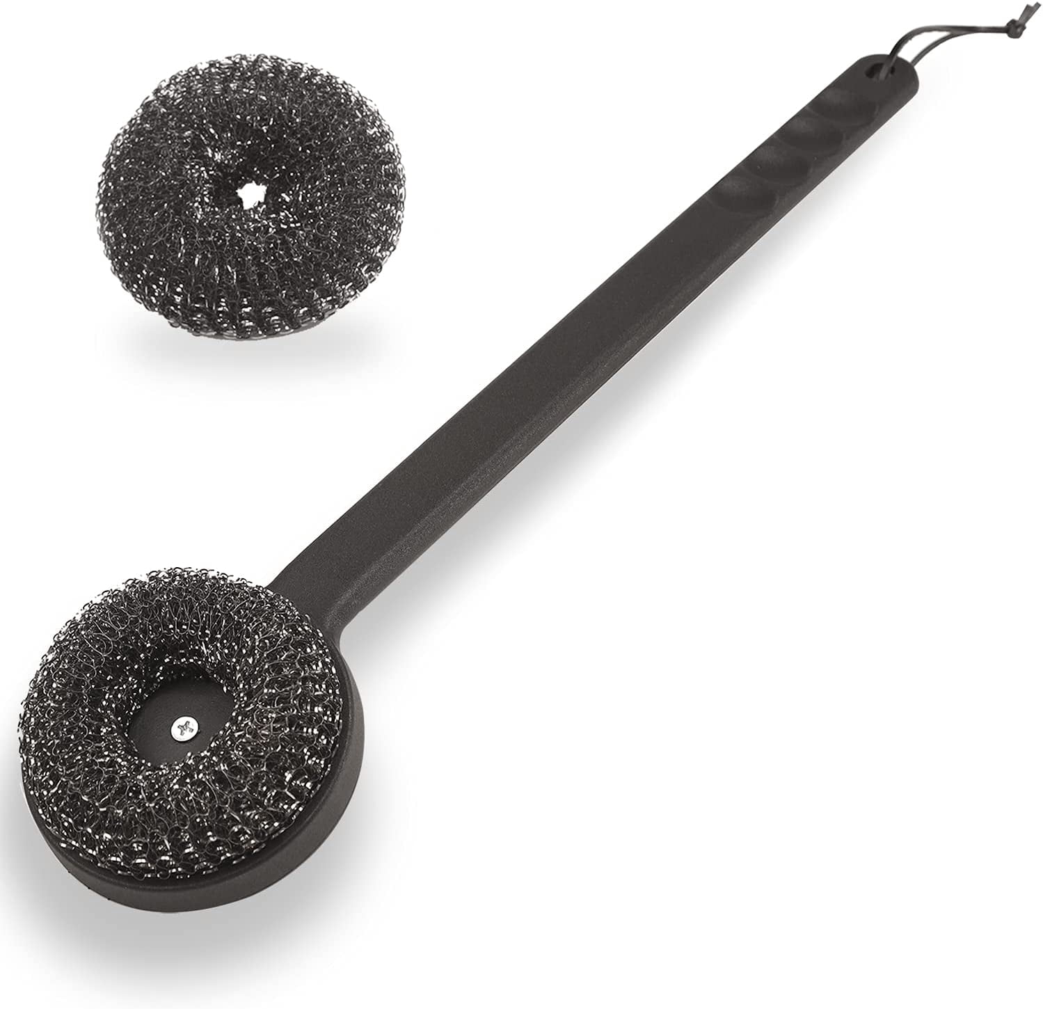 18" Long Handle Grill Brush with Replaceable Head - Safe Bristle Free Stainless Steel BBQ Cleaner Heavy Duty Scrubber Pad, Accessories Wool Scrubbers for Porcelain Gas Charcoal