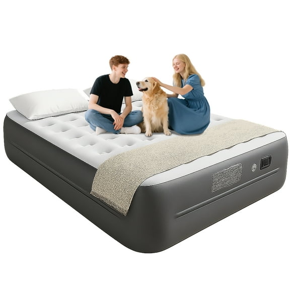 Luxury Queen Air Mattress with Built-In Battery Pump,Heavy-Duty Waterproof Veltex Surface for Indoor/Outdoor Use,Portable Inflatable Camping Bed & Guest Bed(Gray)