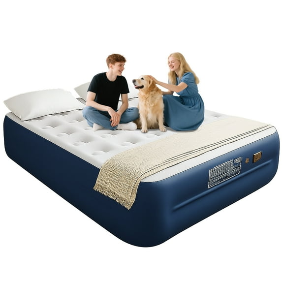 Luxury Queen Air Mattress with Built-In Battery Pump,Heavy-Duty Waterproof Veltex Surface for Indoor/Outdoor Use,Portable Inflatable Camping Bed & Guest Bed(Blue)