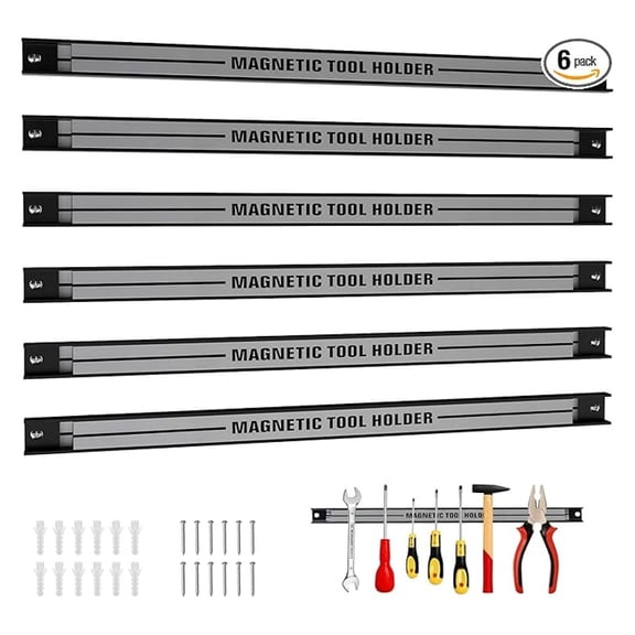 18" Magnetic Tool Holder Strip, 6 Pack Magnet Bar with Mounting Screws, Heavy Duty Magnetic Strips Tool Organizer for Garage Shop Workbench Kitchen Organization (Sliver)