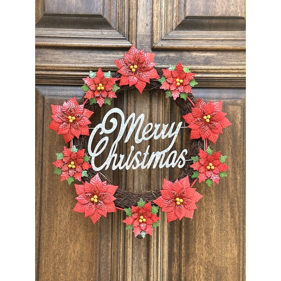 18" Merry Christmas Poinsettia Wreath Rustic Farmhouse Holiday Door Decoration with Red Metal Flowers and Natural Willow Frame Indoor Outdoor Christmas Wall Dcor for Home Porch Office
