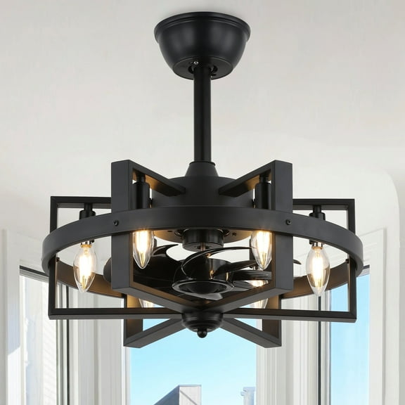 18' Metal Caged Ceiling Fan with Light and Remote Control, Bella Depot 6-Speed Reversible Chandelier