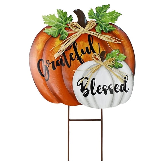 18" Metal Pumpkin Garden Stake - Fall Yard Decorations - Grateful Pumpkins Welcome Sign - Outdoor Autumn Thanksgiving Decor