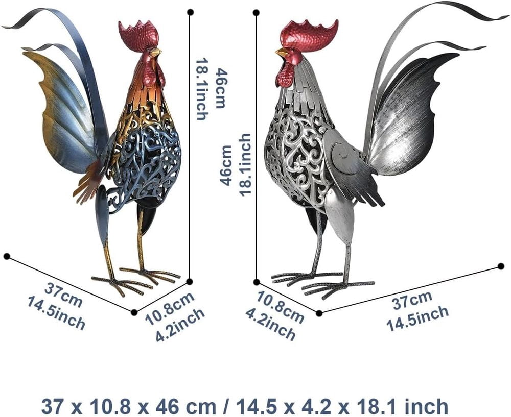 18" Metal Rooster Garden Statues Set of 2 Iron Yard Art Decor for Patio Lawn Backyard Farmhouse