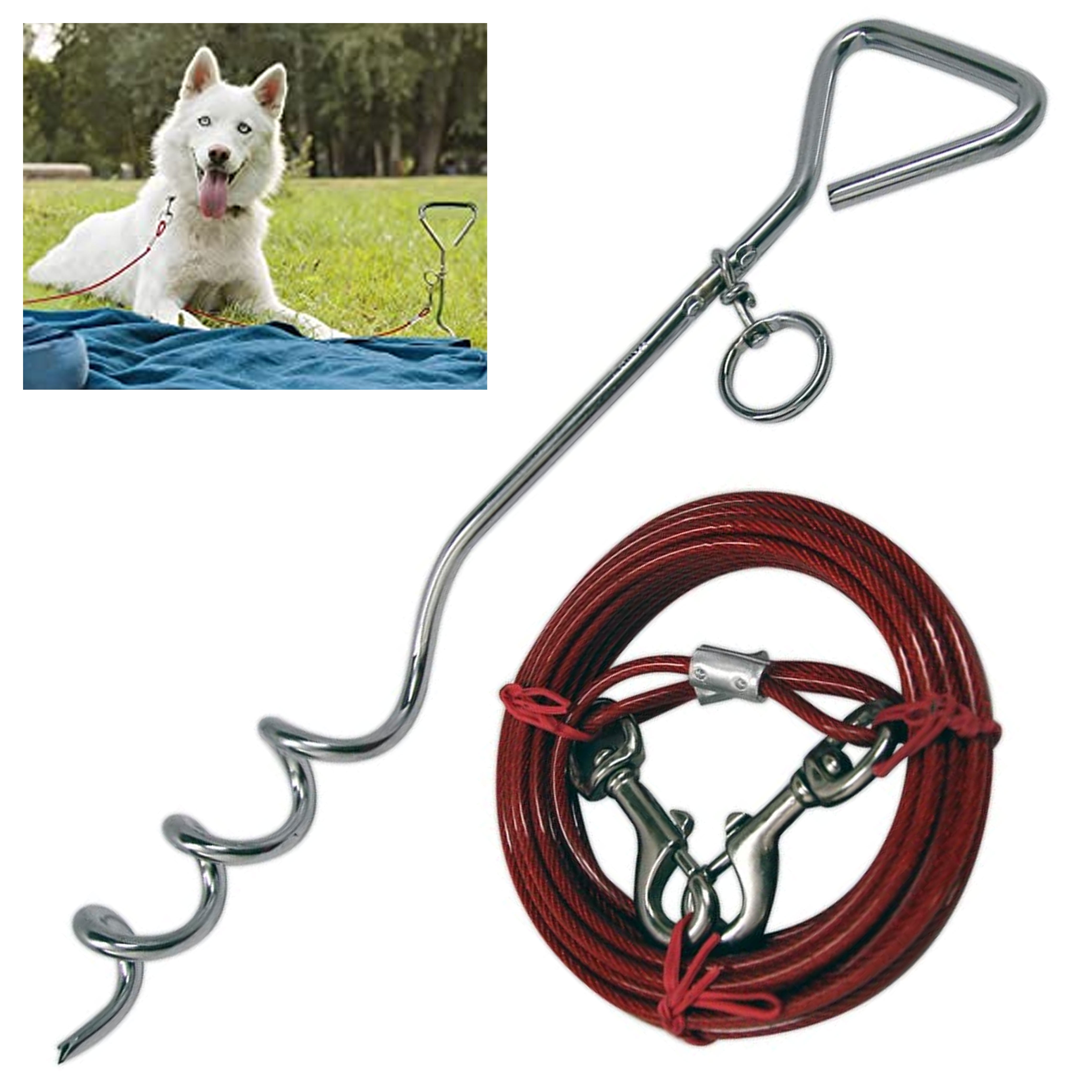 18 Metal Steel Spiral Stake Pole Tie Out Collar 25ft Cable Lead Leash Dog  Spike - Walmart.com
