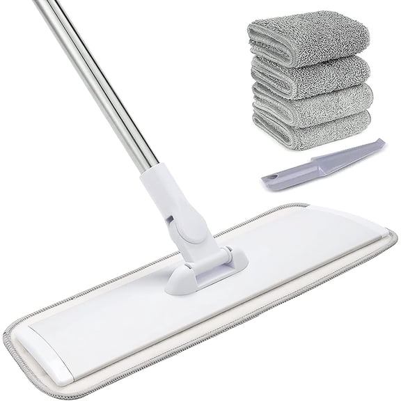 18" Microfiber Mop Floor Cleaning System with Stainless Steel Handle, 4 Reusable Washable Mop Pads, Flat Mop for Hardwood, Vinyl, Laminate Floors, Wet and Dry Cleaning, Easy Wringing & Durable Design