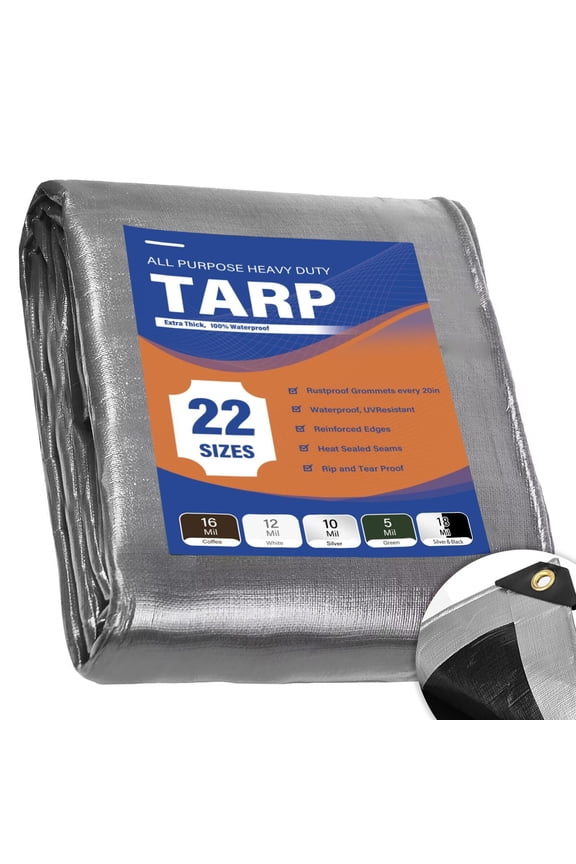 18 Mil Heavy Duty Waterproof Tarp Cover UV Resistant Rip and Tear Proof Poly Tarpaulin with Reinforced Edges for Roof Camping Patio Pool Boat Car 20x24ft