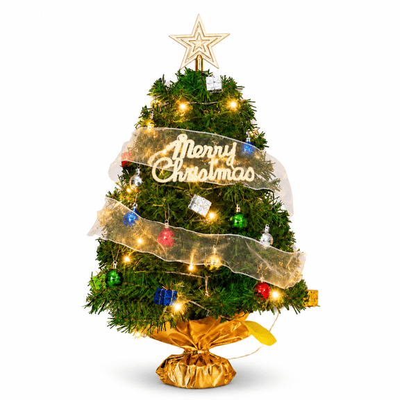 18" Mini Pre-Lit Tabletop Christmas Tree with LED Lights & Ornaments – Battery Operated Indoor Holiday Decor