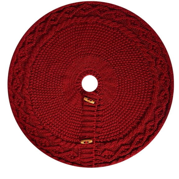 18" Mini Red Knit Christmas Tree Skirt, Small Round Cable Knit Xmas Tree Collar with Solid & Striped Design, Cozy Farmhouse Holiday Décor, Tabletop Tree Base Cover, Rustic Winter Decorations