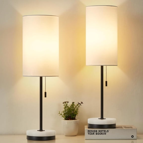 18" Minimalist Table Lamp Set of 2, Nightstand Lamp for Bedroom Living Room, Modern Pull Chain Bedside Lamp with Marble Base, Fabric Shade, Small Desk Lamp for Home, Office, Reading