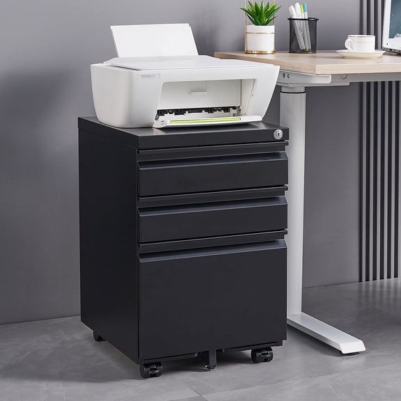 18" Mobile File Cabinets with 3 Drawers, Locking File Cabinet with 2 Keys, Fireproof File Cabinet with 5 Casters for Offices, Black