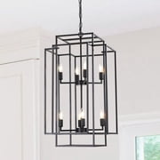 18" Modern 8-Light Black Geometric Pendant Chandelier, Industrial Metal Frame Cage Light, Adjustable Height Hanging Fixture for Living Room Dining Room Kitchen Island Foyer, No Bulbs