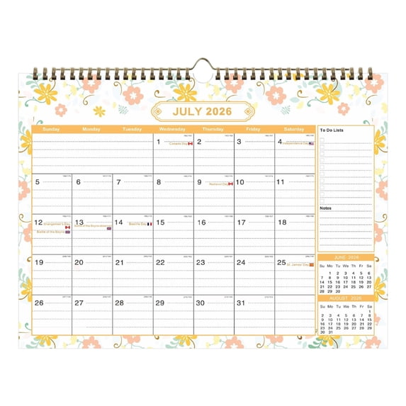18-Month Wall Calendar July 2026 to December 2027, Multi-Country Holiday Edition with Large Writing Blocks, Functional Planner for Home and Office, Elegant Floral Design Organizational Gift
