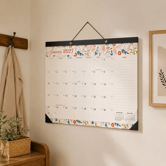 18 Month Wall Calendar, Large Date Blocks with Notes Column, Floral Design Hanging Planner for Home Office, Monthly Organizer for Kitchen Wall