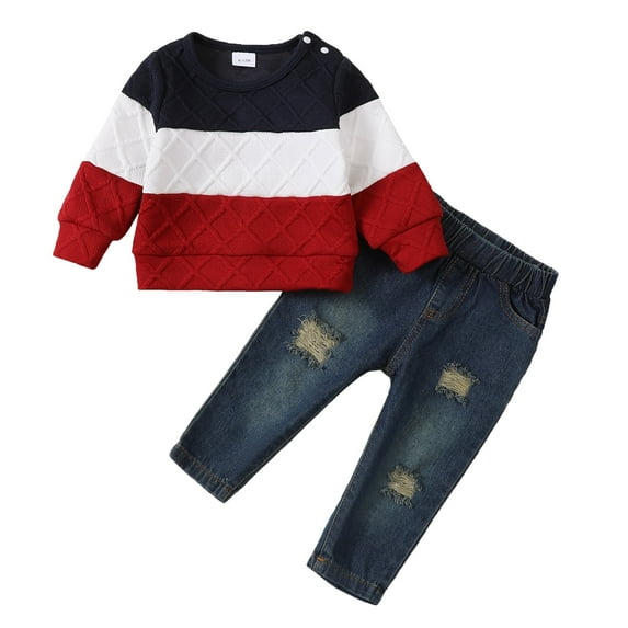 18 Months Baby Boy Outfits 24 Months Boys Fall Winter Clothes Toddler Boys Long Sleeve Round Neckline Stripe Top Jeans Pants 2PCS Set Red