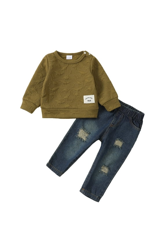 18 Months Baby Boy Outfits 24 Months Boys Fall Winter Clothes Toddler Boys Long Sleeve Round Neckline Top Jeans Pants 2PCS Set Green